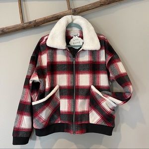 Knox Rose | Fleece Faux Shearling Plaid Bomber Jacket